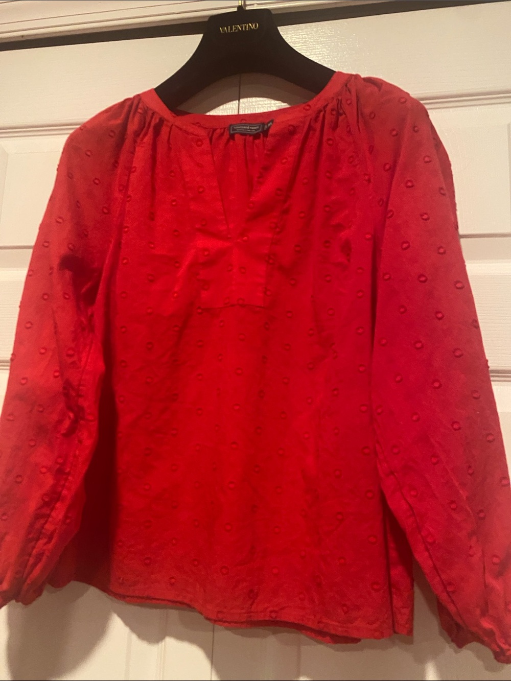 Vineyard Vines Red Swiss Dot Peasant Top